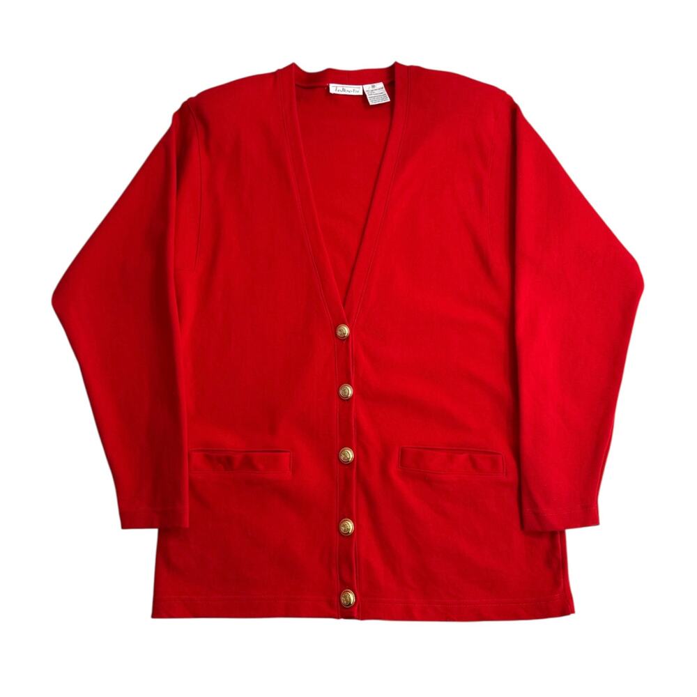 Vintage Talbots Red Cotton Cardigan Sweater V-Neck Gold Buttons Sz M
